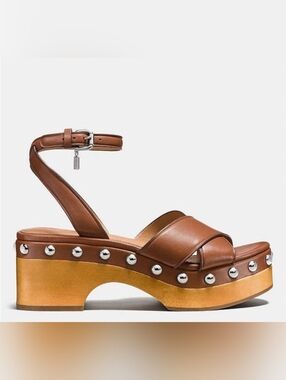 Coach Tan Leather Studded Platform Sandal with Ankle Strap